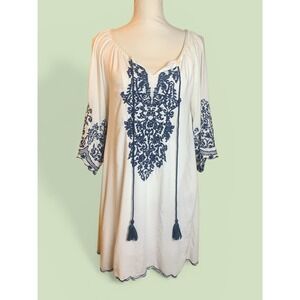 Chic Connection Women White Navy Blue Embroidered Boho Tassel Mini Dress XL P